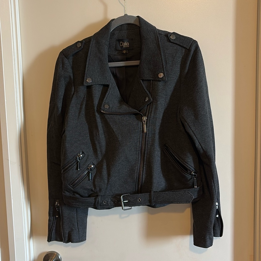 Dalia Jersey Knit Biker Style Jacket, Grey, Size Large